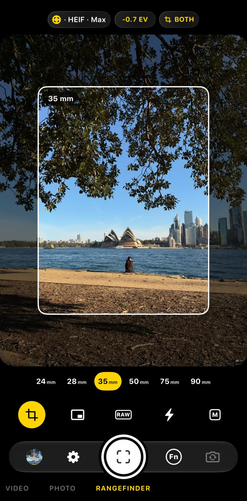 Lume's rangefinder mode: 35mm frame lines over a view of Sydney Harbour, with 24 to 90mm presets below